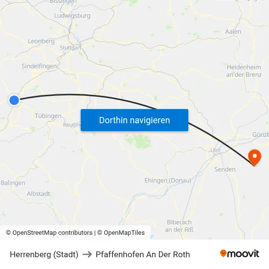 Herrenberg (Stadt) to Pfaffenhofen An Der Roth map