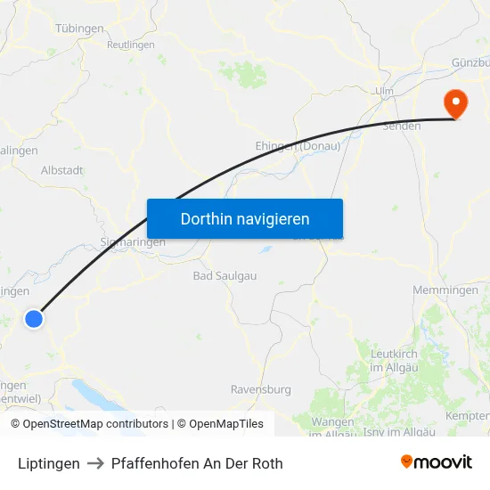 Liptingen to Pfaffenhofen An Der Roth map