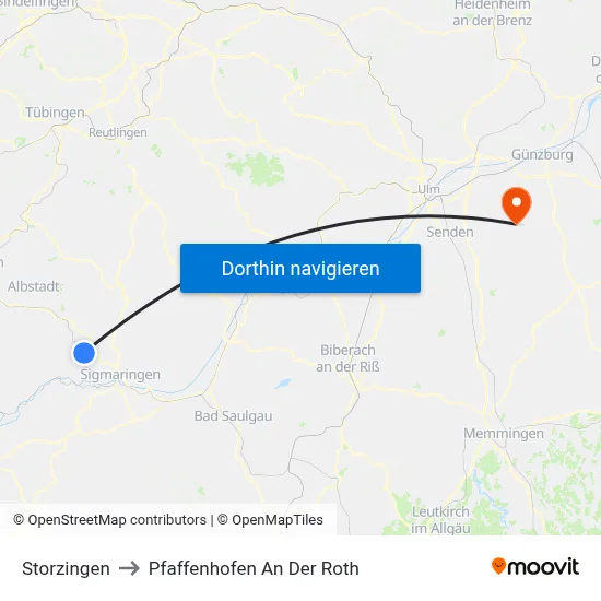 Storzingen to Pfaffenhofen An Der Roth map