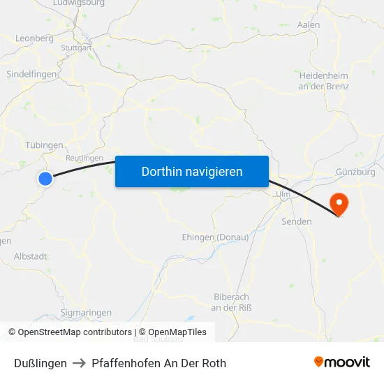 Dußlingen to Pfaffenhofen An Der Roth map