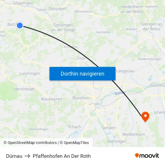 Dürnau to Pfaffenhofen An Der Roth map