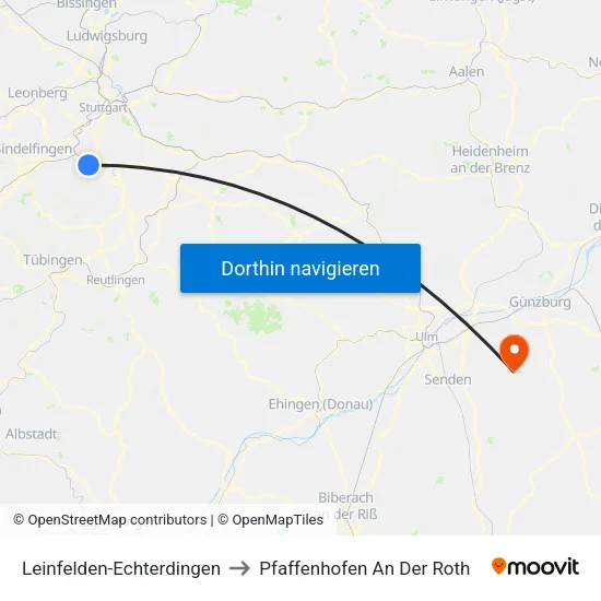 Leinfelden-Echterdingen to Pfaffenhofen An Der Roth map