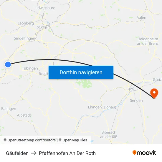 Gäufelden to Pfaffenhofen An Der Roth map