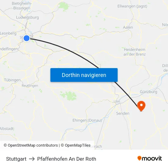 Stuttgart to Pfaffenhofen An Der Roth map