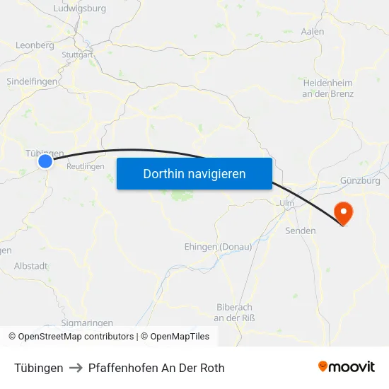 Tübingen to Pfaffenhofen An Der Roth map
