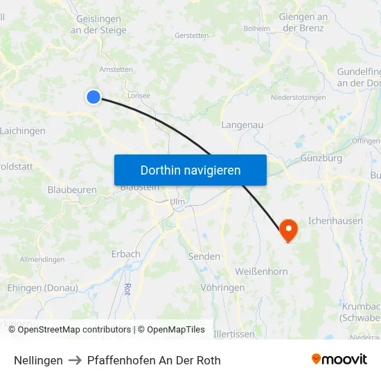 Nellingen to Pfaffenhofen An Der Roth map
