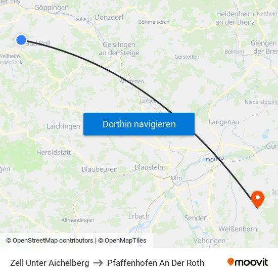 Zell Unter Aichelberg to Pfaffenhofen An Der Roth map