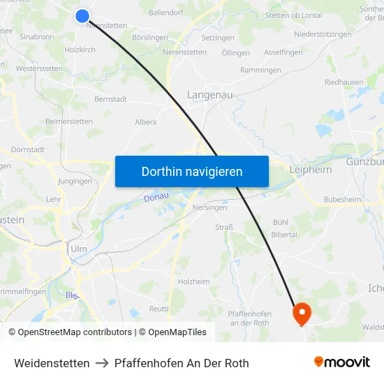 Weidenstetten to Pfaffenhofen An Der Roth map