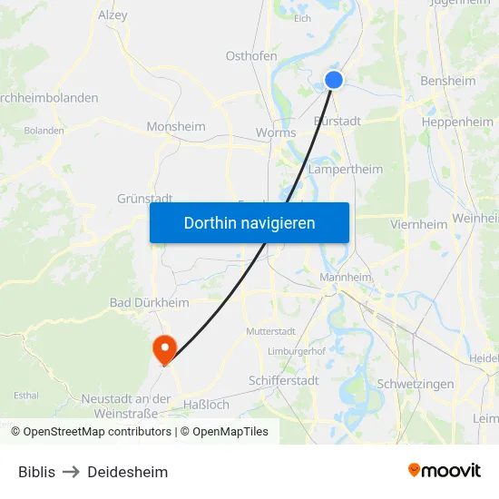 Biblis to Deidesheim map