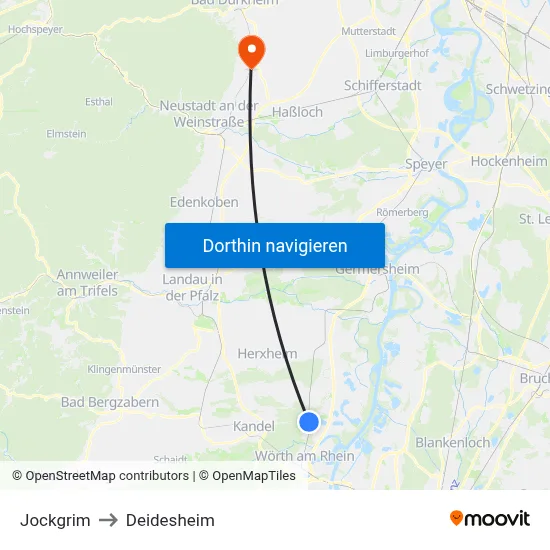 Jockgrim to Deidesheim map