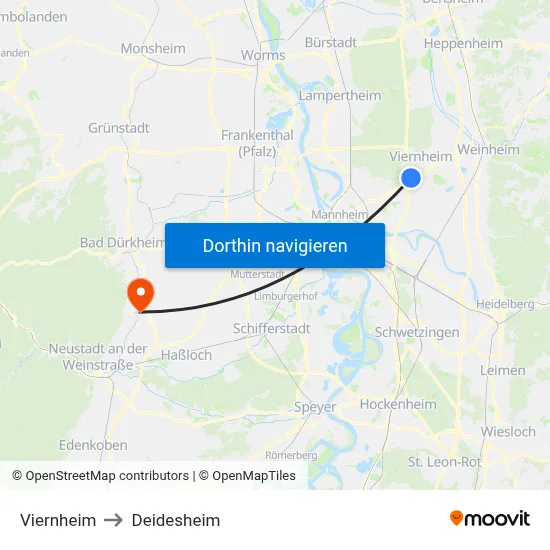 Viernheim to Deidesheim map