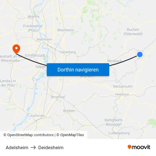 Adelsheim to Deidesheim map