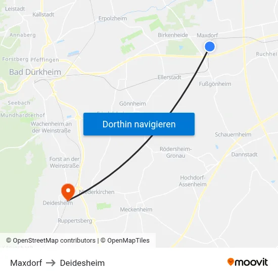 Maxdorf to Deidesheim map