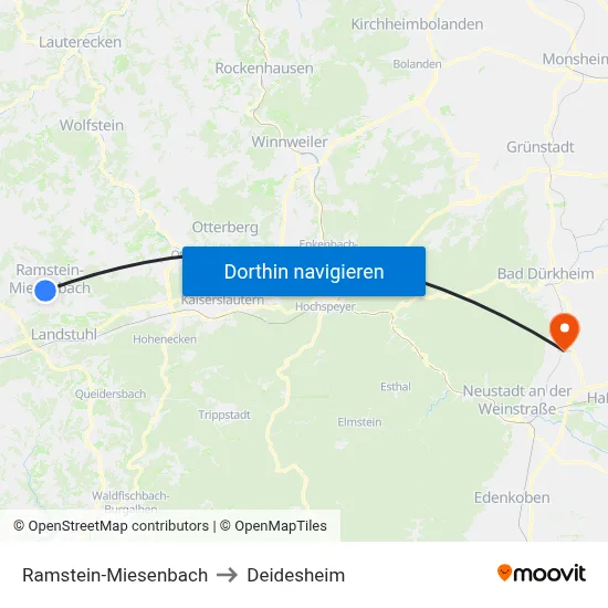 Ramstein-Miesenbach to Deidesheim map