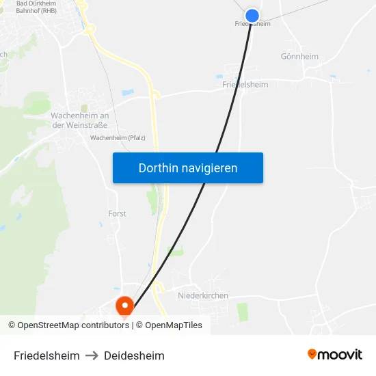 Friedelsheim to Deidesheim map