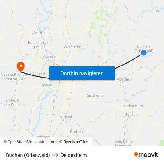 Buchen (Odenwald) to Deidesheim map