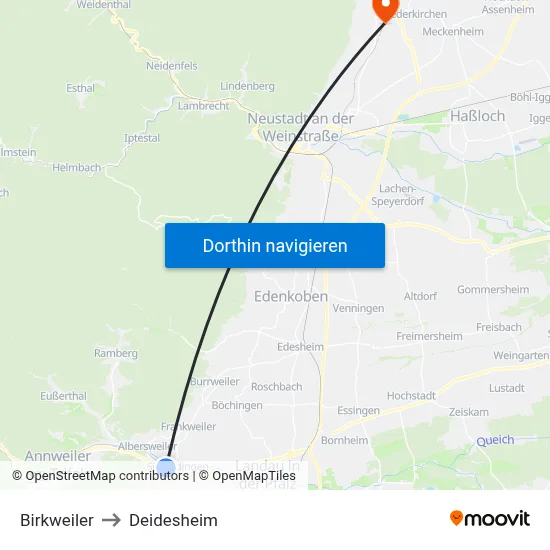 Birkweiler to Deidesheim map