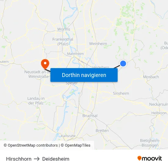 Hirschhorn to Deidesheim map