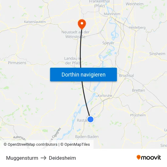 Muggensturm to Deidesheim map
