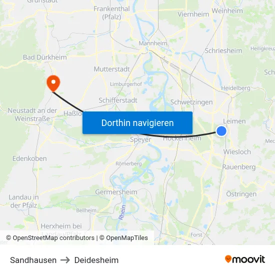 Sandhausen to Deidesheim map