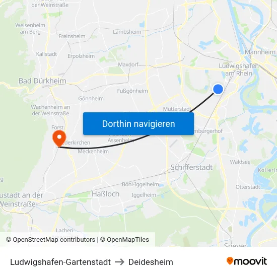 Ludwigshafen-Gartenstadt to Deidesheim map