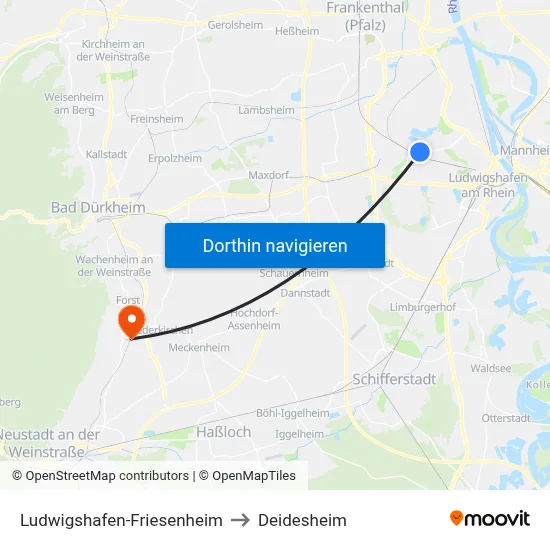 Ludwigshafen-Friesenheim to Deidesheim map