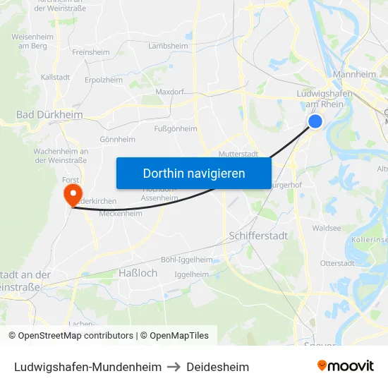 Ludwigshafen-Mundenheim to Deidesheim map