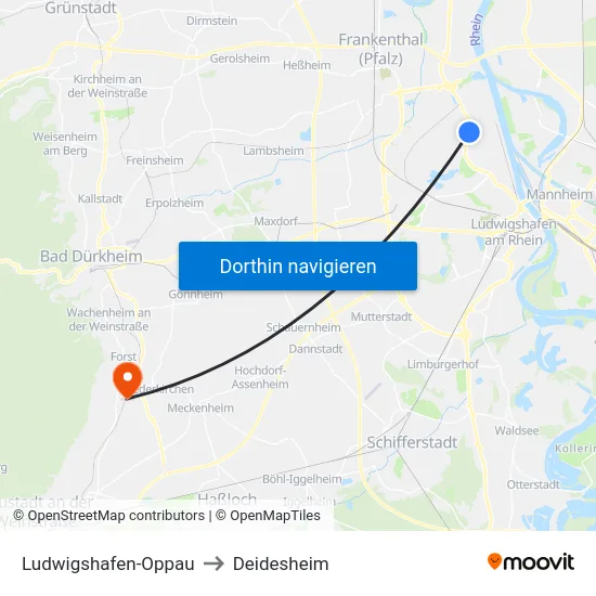 Ludwigshafen-Oppau to Deidesheim map