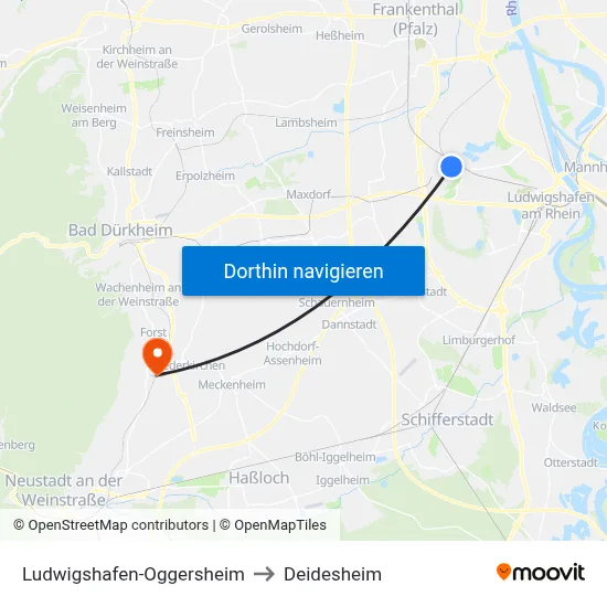 Ludwigshafen-Oggersheim to Deidesheim map