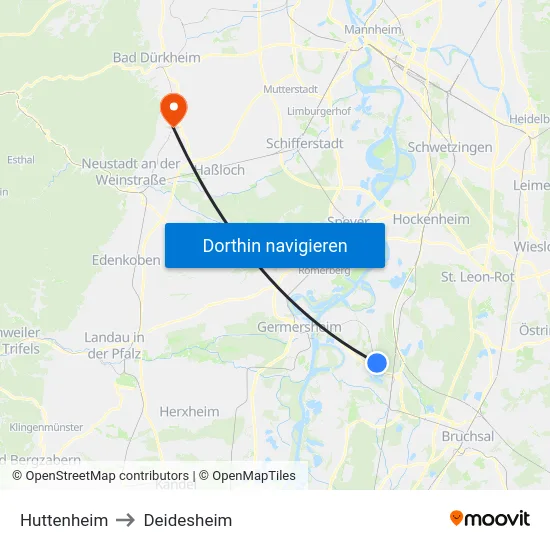 Huttenheim to Deidesheim map