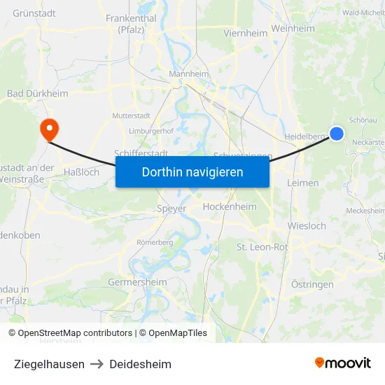 Ziegelhausen to Deidesheim map