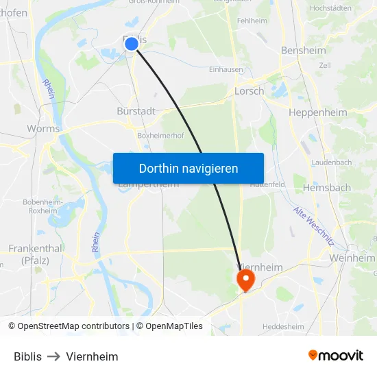 Biblis to Viernheim map