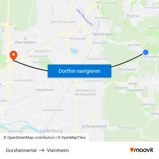 Gorxheimertal to Viernheim map