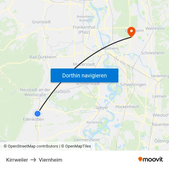 Kirrweiler to Viernheim map