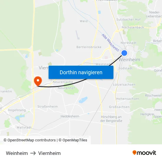 Weinheim to Viernheim map