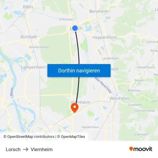 Lorsch to Viernheim map