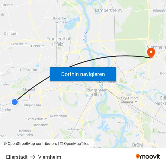 Ellerstadt to Viernheim map