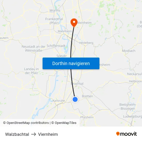 Walzbachtal to Viernheim map