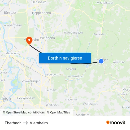 Eberbach to Viernheim map