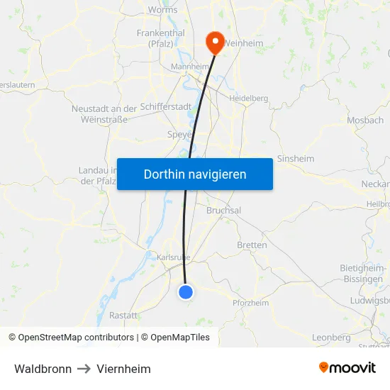 Waldbronn to Viernheim map