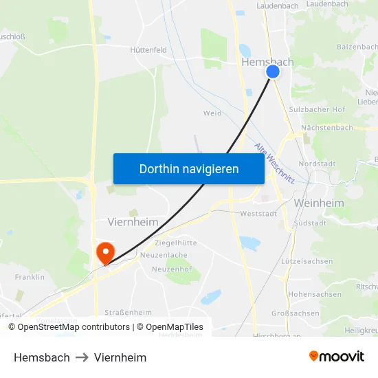 Hemsbach to Viernheim map