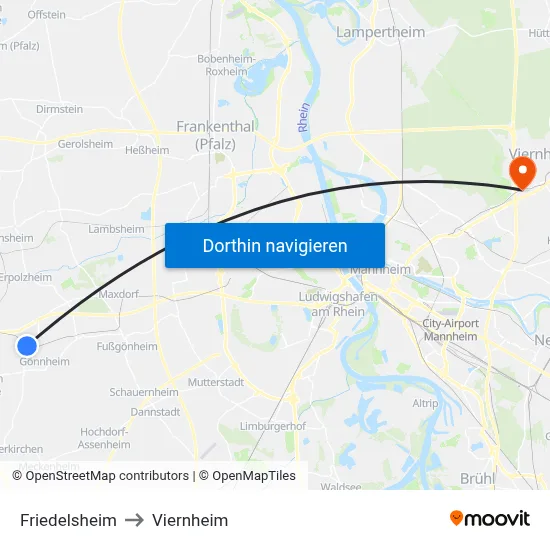 Friedelsheim to Viernheim map