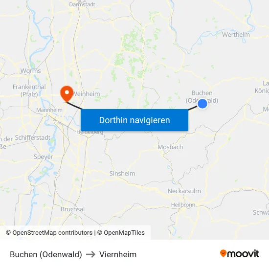 Buchen (Odenwald) to Viernheim map