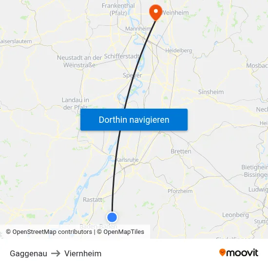 Gaggenau to Viernheim map