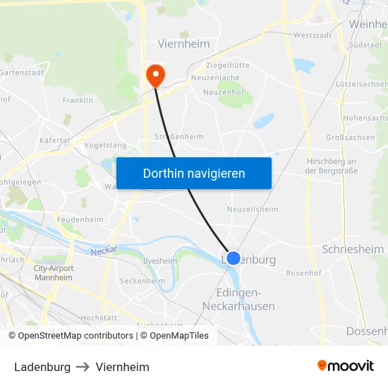 Ladenburg to Viernheim map