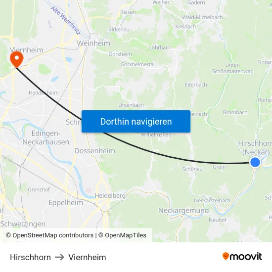 Hirschhorn to Viernheim map