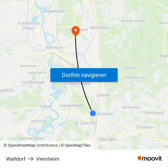 Walldorf to Viernheim map