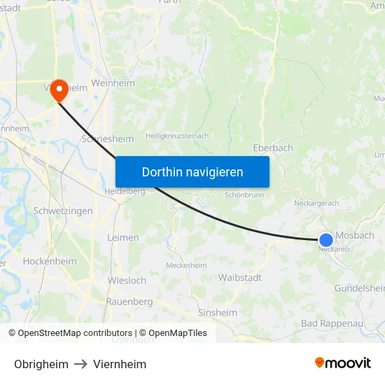 Obrigheim to Viernheim map