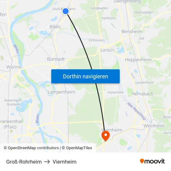 Groß-Rohrheim to Viernheim map
