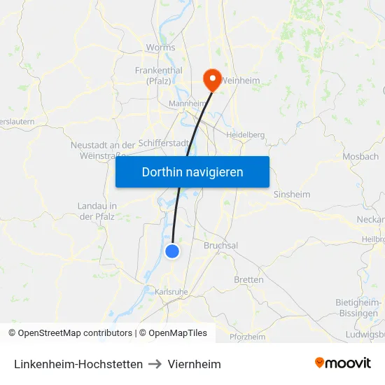 Linkenheim-Hochstetten to Viernheim map